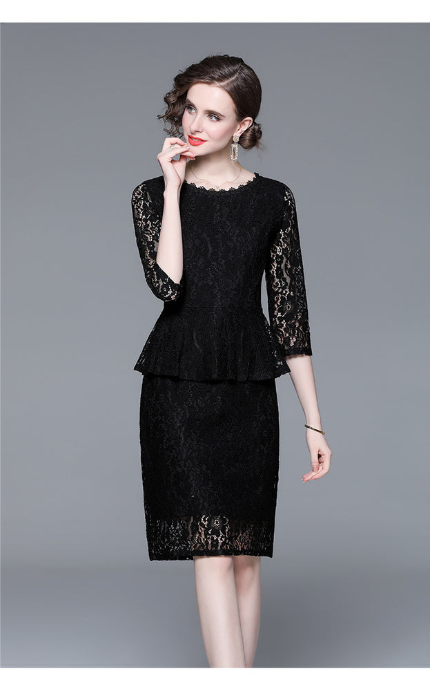 Temperament Elegant Lace Skirt Slim Slim Show Seven-Point Sleeve Mid-Skirt Dress