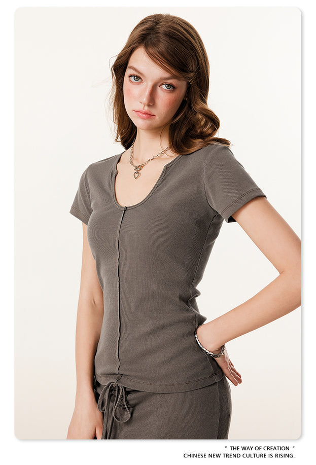 Summer Solid-color Waist-cinched U-neck Skin-friendly Top