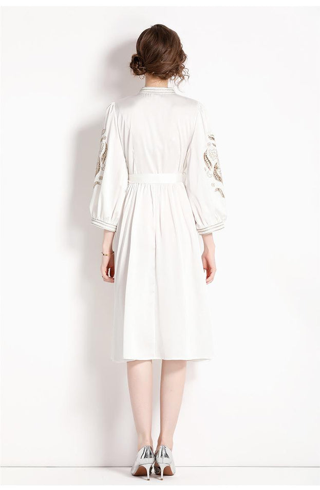 Heavy  Embroidered Lantern Sleeve Slim Dress