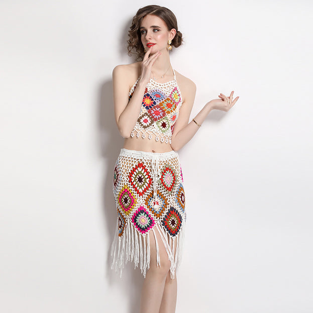 Fashion Suit Female Hook Flower Knitted Bump Color Suspender Vest Two-Piece Set and High Waist Tassel Skirt