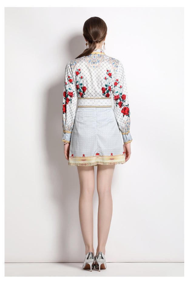 Women's Printed Bow Tie Long-Sleeved Shirt and Elegant High-Waisted Skirt Two-Piece Suit