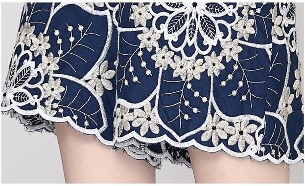 Temperament Elegant V-Neck Short Sleeve Embroidered Wide Leg Shorts Fashion Casual Jumpsuit