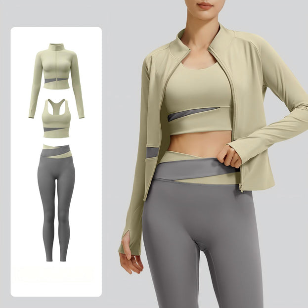 Women's Naked Yoga Waist Fitness Color-matching Three-piece Set