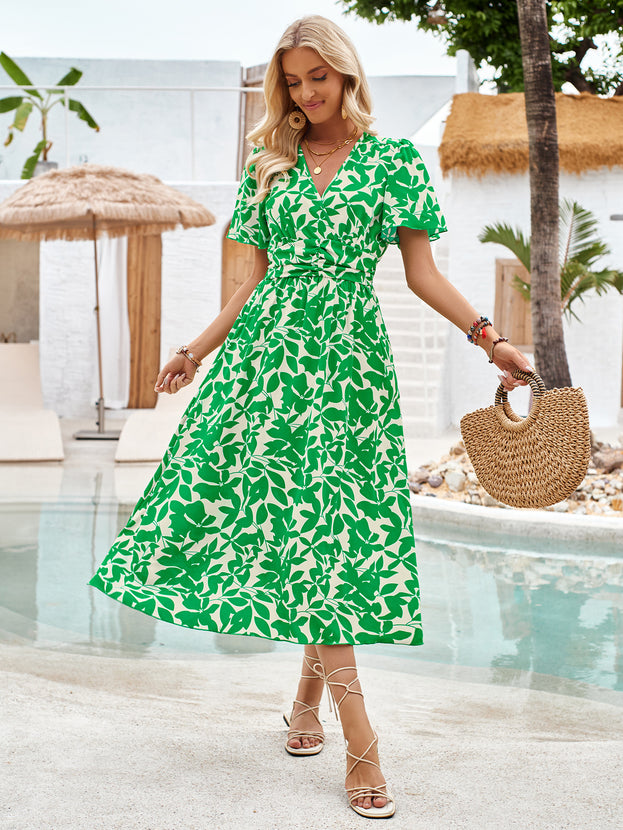 Summer V-Neck Waisted Printed Short Sleeve Dress for Women