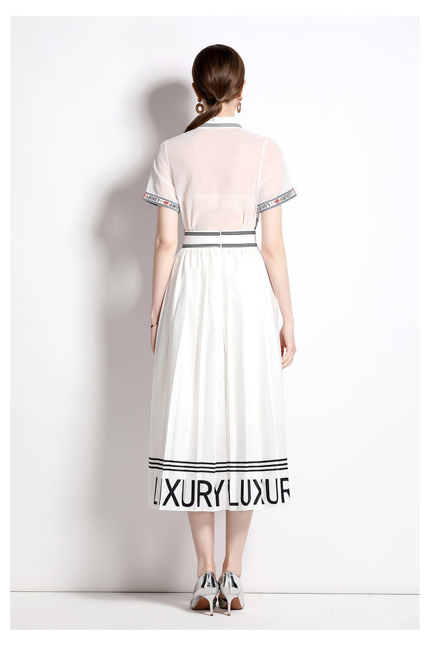 Fashion Vintage Printed Lapel Shirt Large Swing Pleated Skirt Fashion Suit