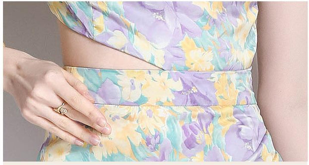 Fashion Printed Dress Satin Diagonal Shoulder Lotus Leaf Irregular Resort Long Skirt