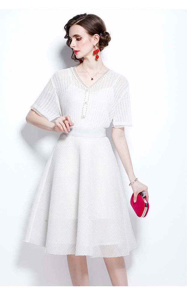 Ice Silk Breathable V-neck Nailed Beaded Knitwear and Hollowed Out Mesh Princess Skirt Two-Piece Set