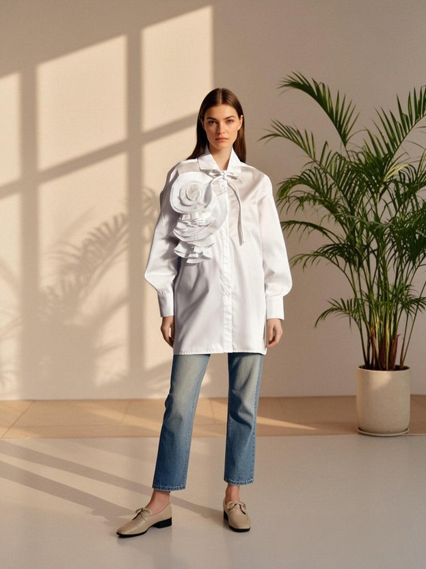 Spring and Autumn Fashionable Lapel Pleated Floral Long-Sleeved Blouse for Women