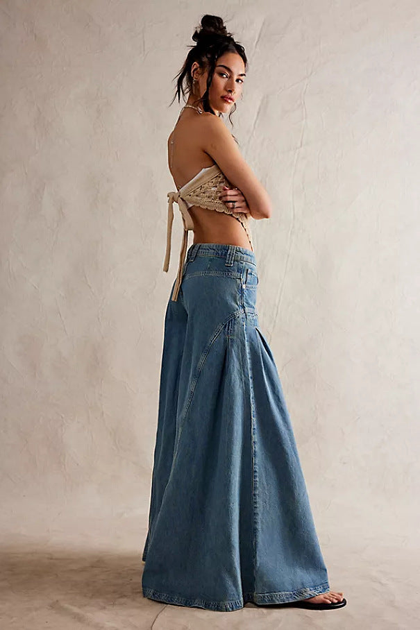 Fashion Casual Vintage-Style Middle-Waist Wide-Leg Denim Pant for Women