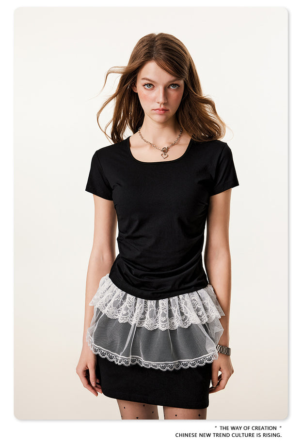 Summer Solid-color Square-neck Hot Girl Short-sleeved Slimming Top