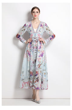Resort Style V-Neck Vintage Print Long-Sleeved Full-Length Dress with Waist Tucked in