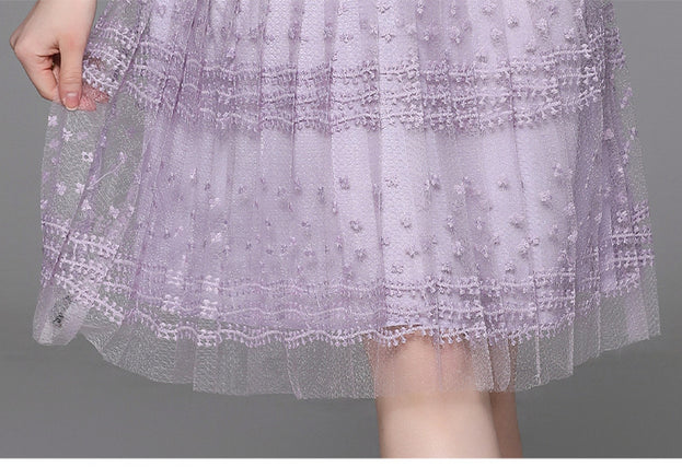 Purple Patchwork Mesh Embroidered Long Sleeve Dress