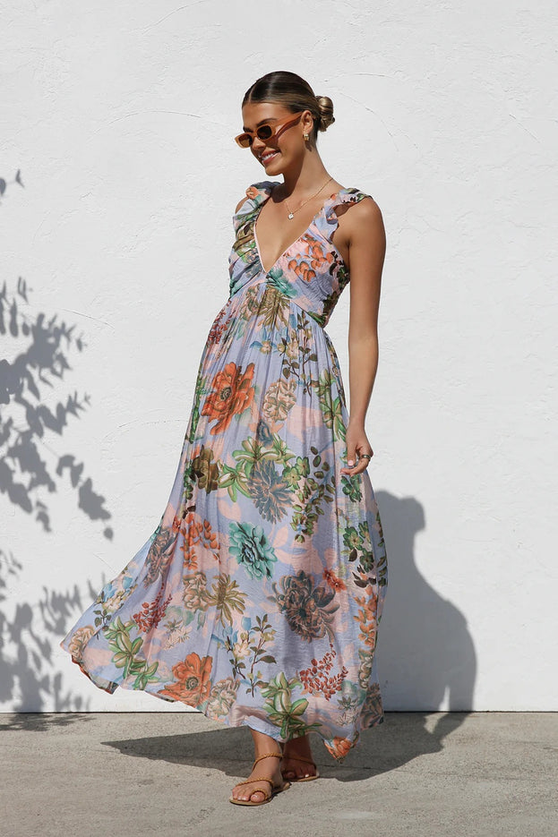 Summer Printed V-Neck Waisted Flowy Holiday-Style Slip Dress for Women