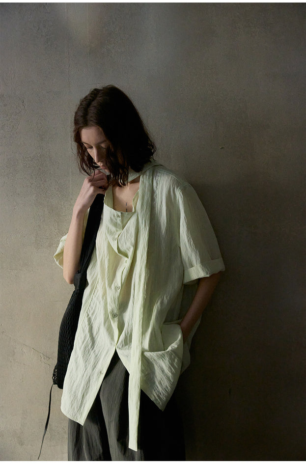Tencel Ribbon Swing Collar Short-Sleeved Shirt, Soft Women's Blouse