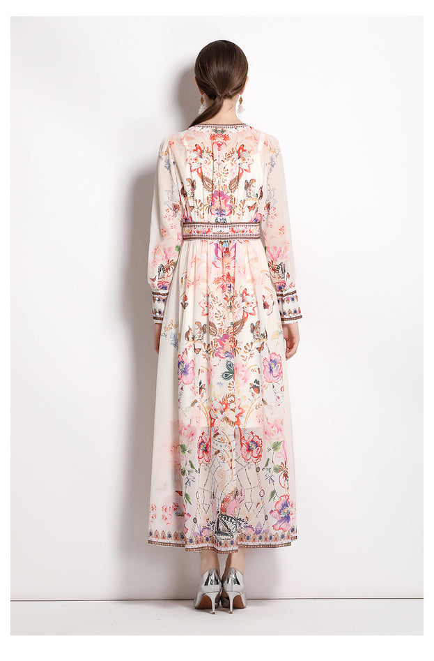 Temperament V-Neck Vintage Print Long-Sleeved Full-Length Dress with Waist Tucked in