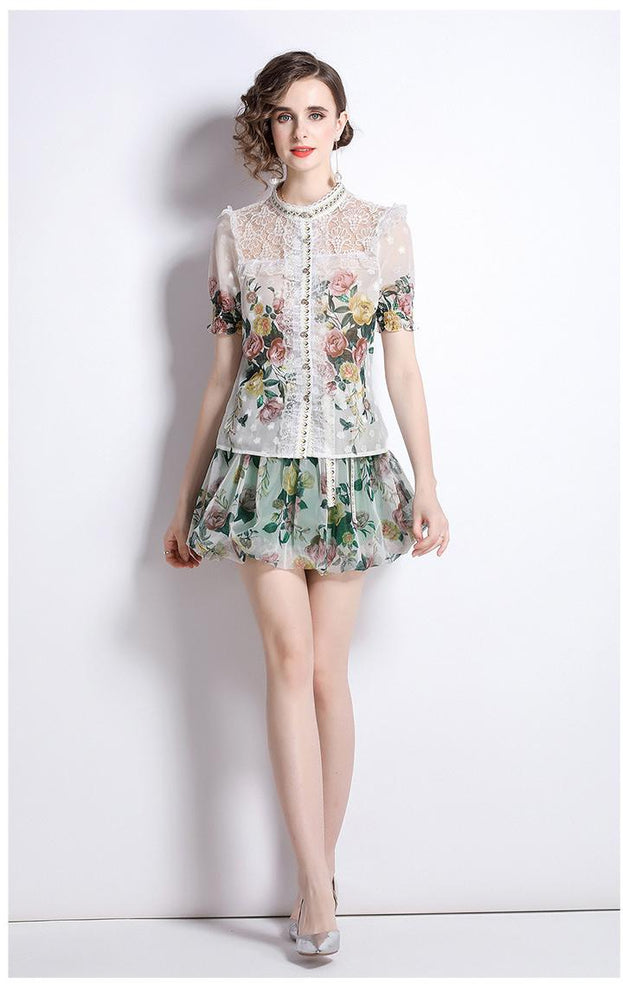 Vintage Lace Short Sleeve Top and Mesh A-Line Printed Half Skirt Suit Skirt