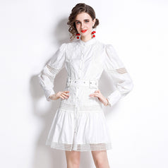 Thin Lace Patchwork Lantern Sleeve White Dress
