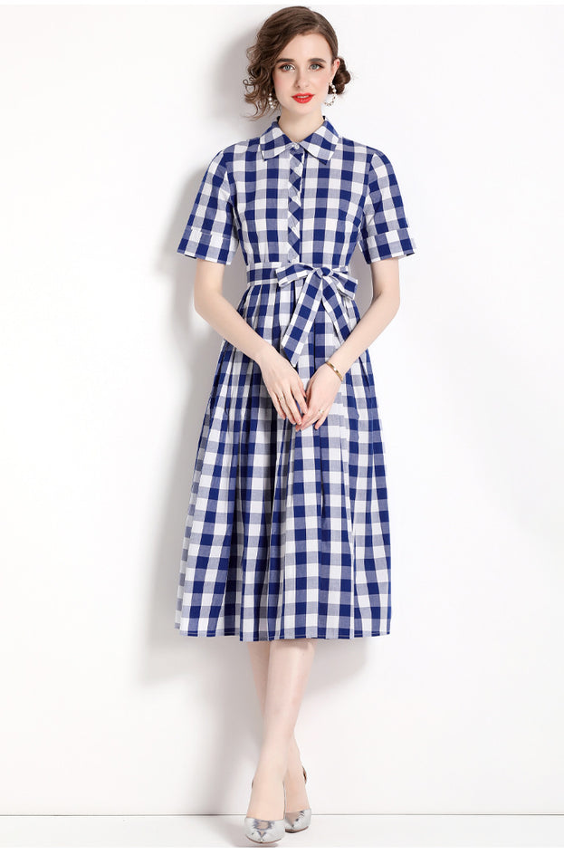 Vintage Lapel Short Sleeve Waist Tucked Long Skirt Plaid Print Dress