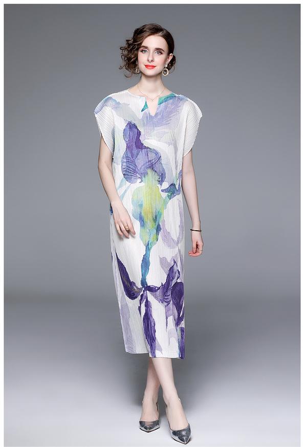 Elegant Temperament V-Neck Printed Pleats Dress