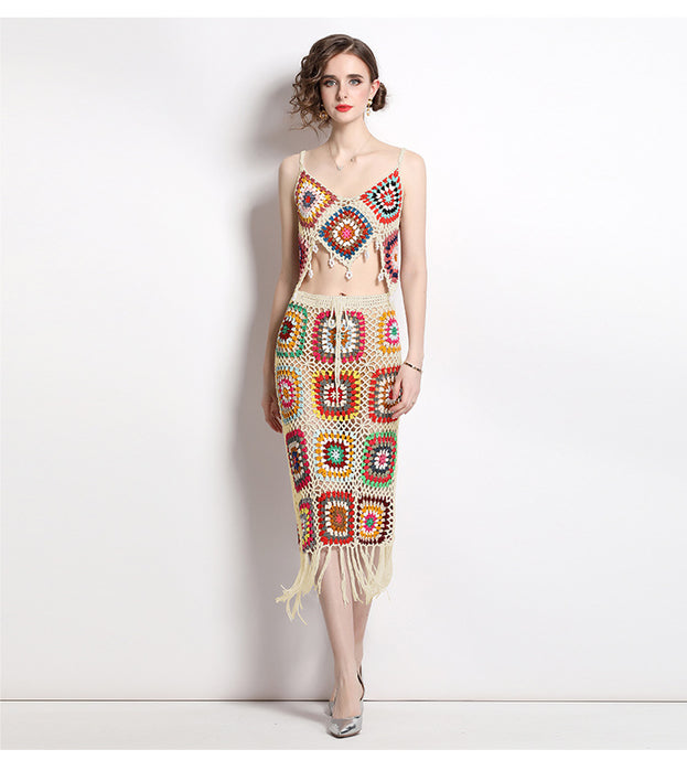 Tassel Hook Flower Knitted Suit Women's Halter Vest and Half Skirt Two-Piece Set