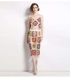 Tassel Hook Flower Knitted Suit Women's Halter Vest and Half Skirt Two-Piece Set