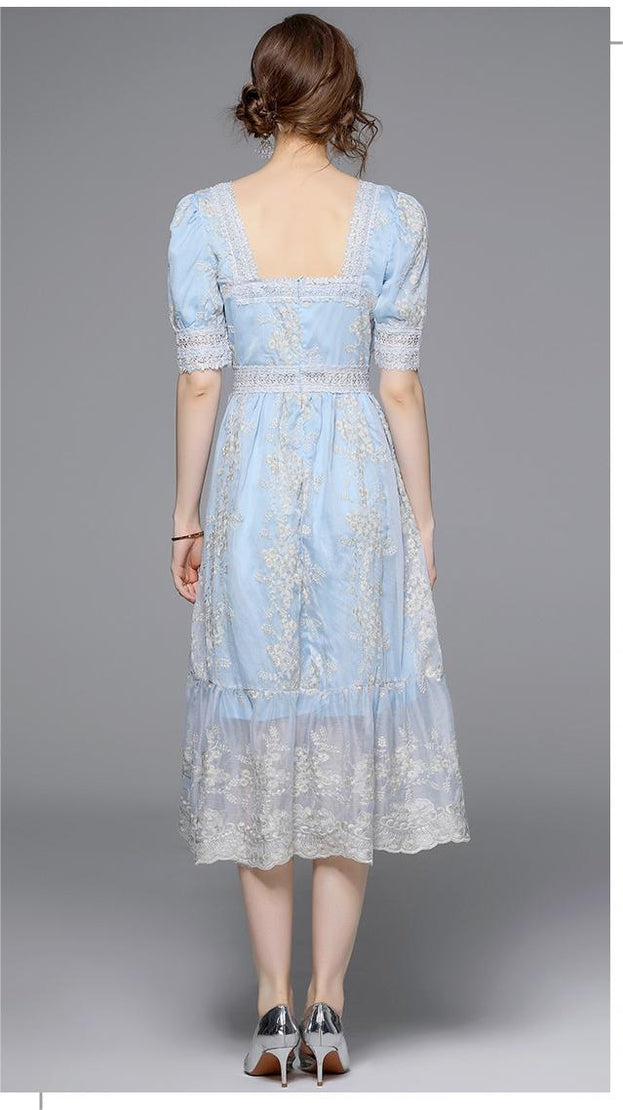 Vintage Embroidered Dress Square Neck Short Sleeve Slim MIDI Waist Tucked in