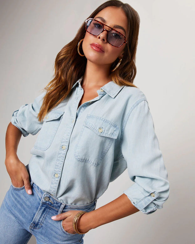 Fashion Casual Versatile Loose Polo-Neck Long Sleeve Denim Blouse for Women