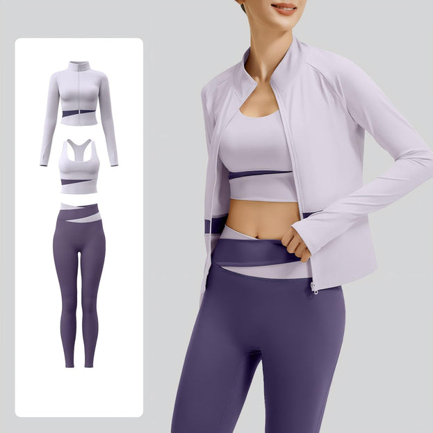 Women's Naked Yoga Waist Fitness Color-matching Three-piece Set