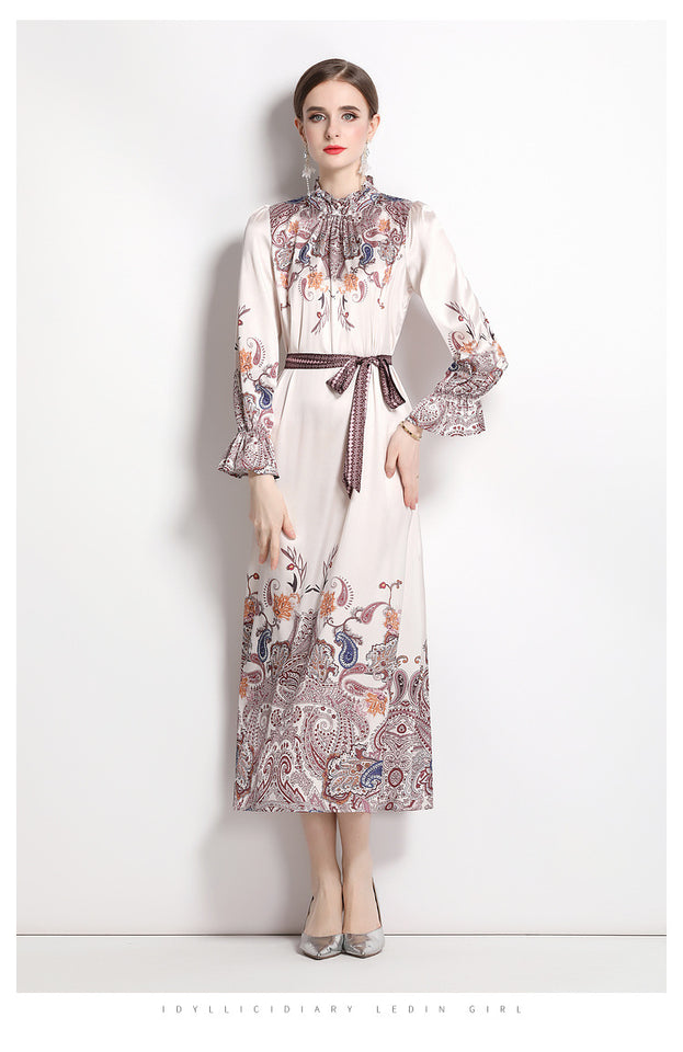 Satin Antique Print Stand Collar Flared Sleeves Lace-Up Waist Pulled into Long Skirt