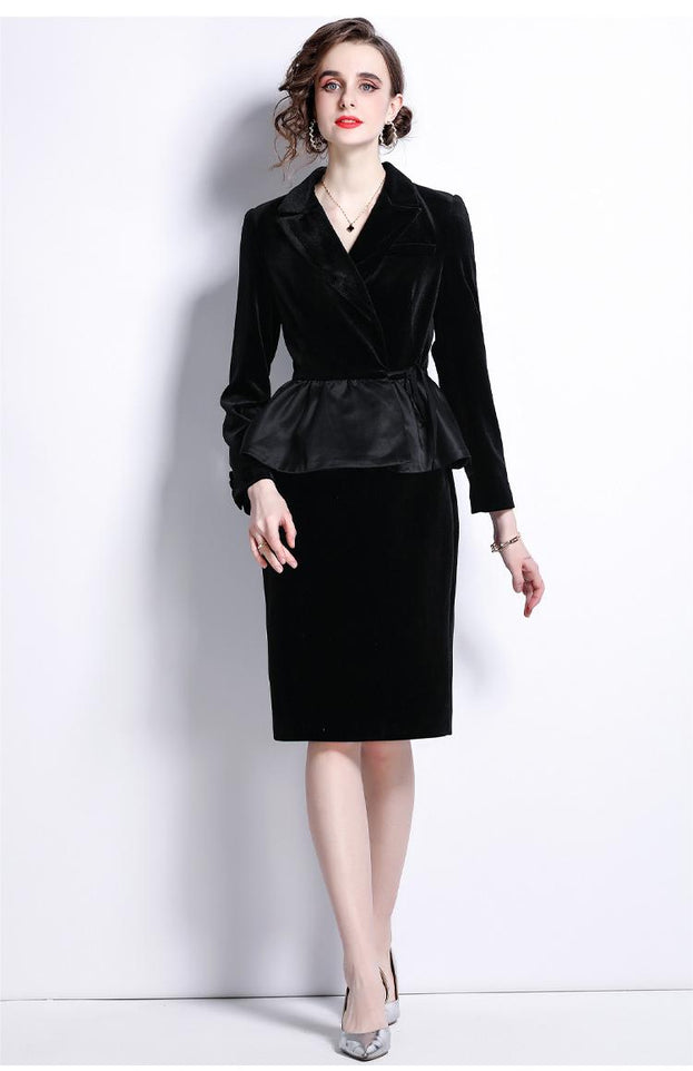 Temperament Retro Show Slim High Waist Velvet Long Sleeve Top and Package Hip Skirt Suit