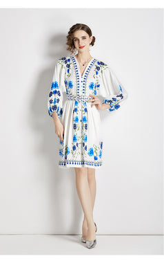 Vintage Fashion Printed Dress Temperament Slim Elegant V-Neck A-Line Skirt