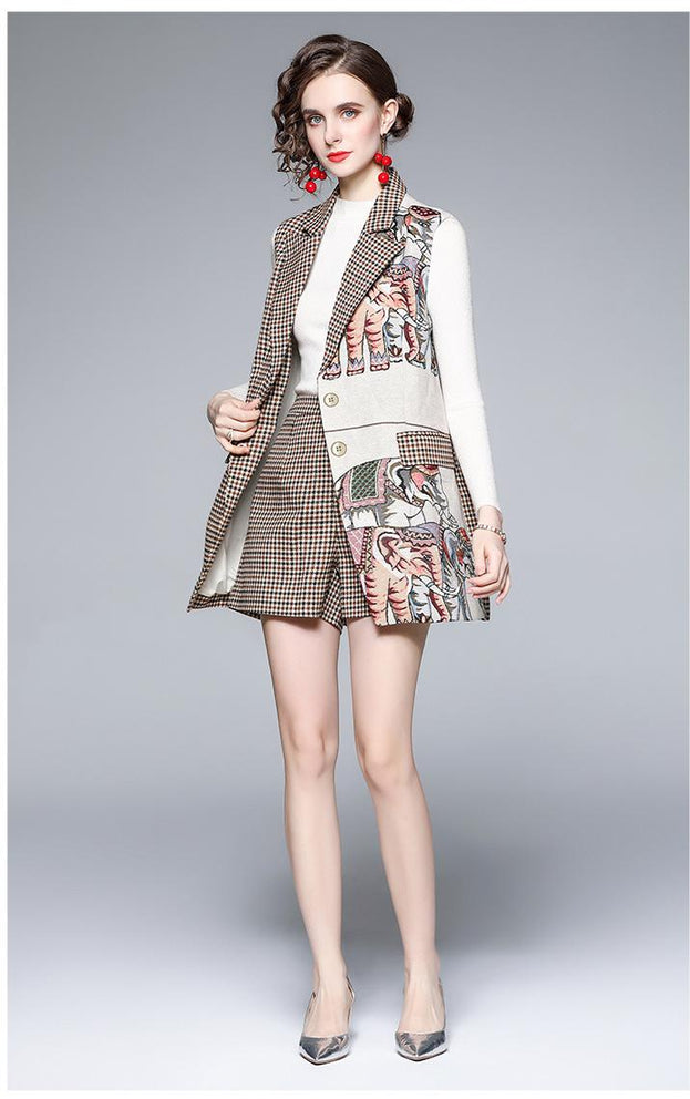 Color Matching Plaid Vest Coat and Short Two-Piece Suits