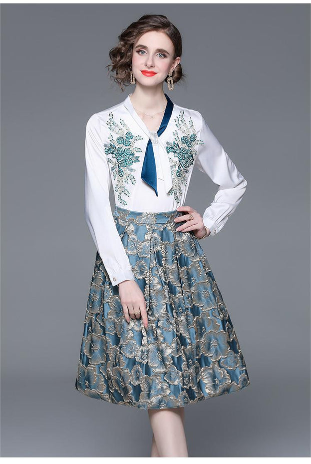 Women's Fashion Applique Embroidery Long-Sleeved Shirt and Mid-Length Skirt Two-Piece Set