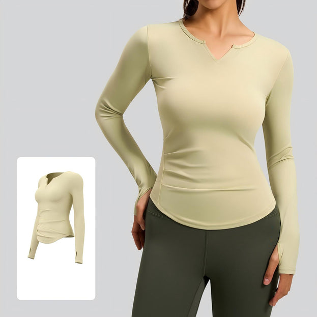 V-Neck Long-Sleeved Pleated Fitted and Slimming Sports Top