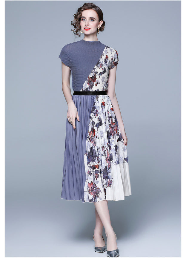 Vintage Print Pleated Short Sleeve Top and Pleated Skirt Fashion Two-Piece Suit