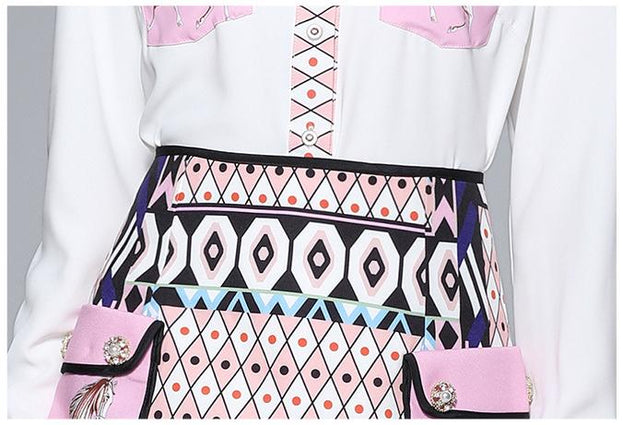 New Women's Retro Printed Long-Sleeved Top Shirt and Short Skirt Two-Piece Suit