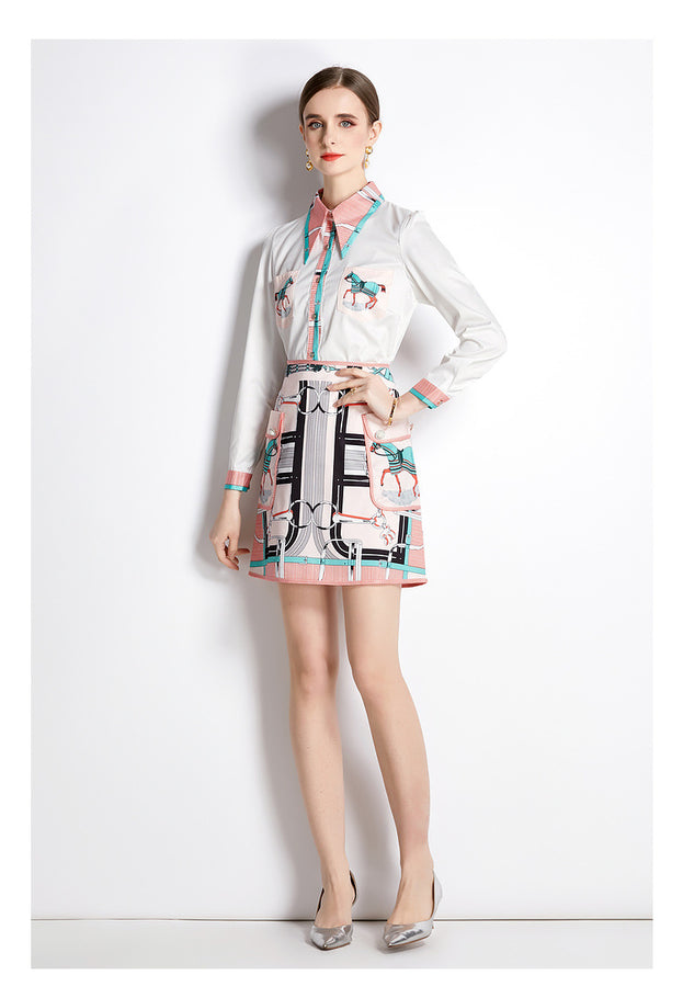 Long-Sleeved Shirt Two-Piece  Vintage Printed Fashion Temperament Skirt Suit