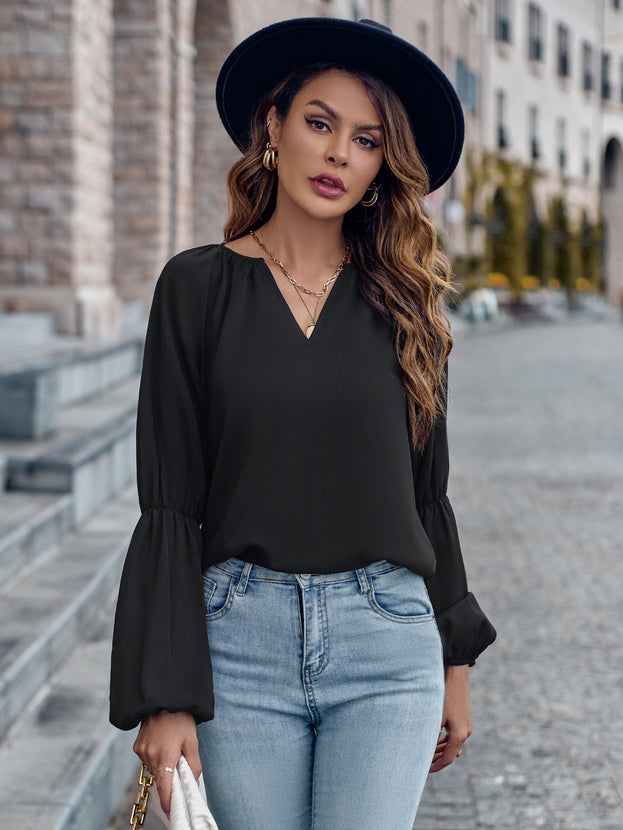 Autumn V-Neck Casual Loose Long Sleeve Pullover Top for Women