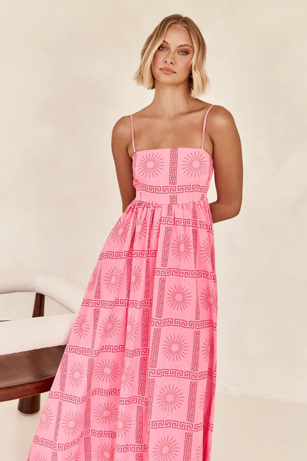 Summer Fashion Casual Cutout Printed Waisted Long Slip Dress for Women