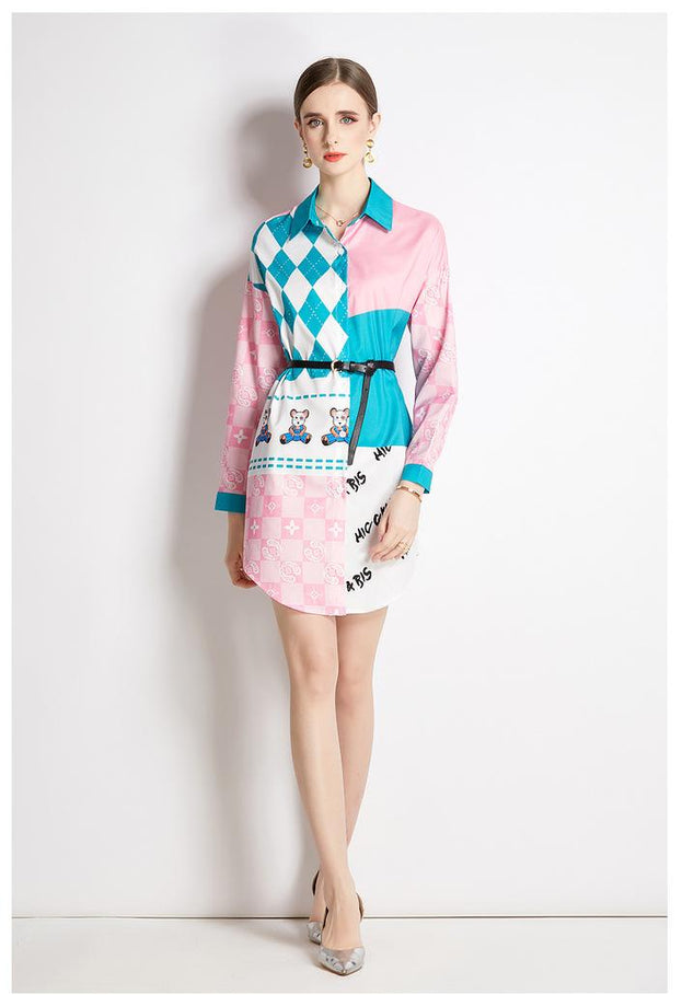 Long Sleeve Shirt Wth Lapel Collar Fashion Slim Vintage Printed Long Shirt