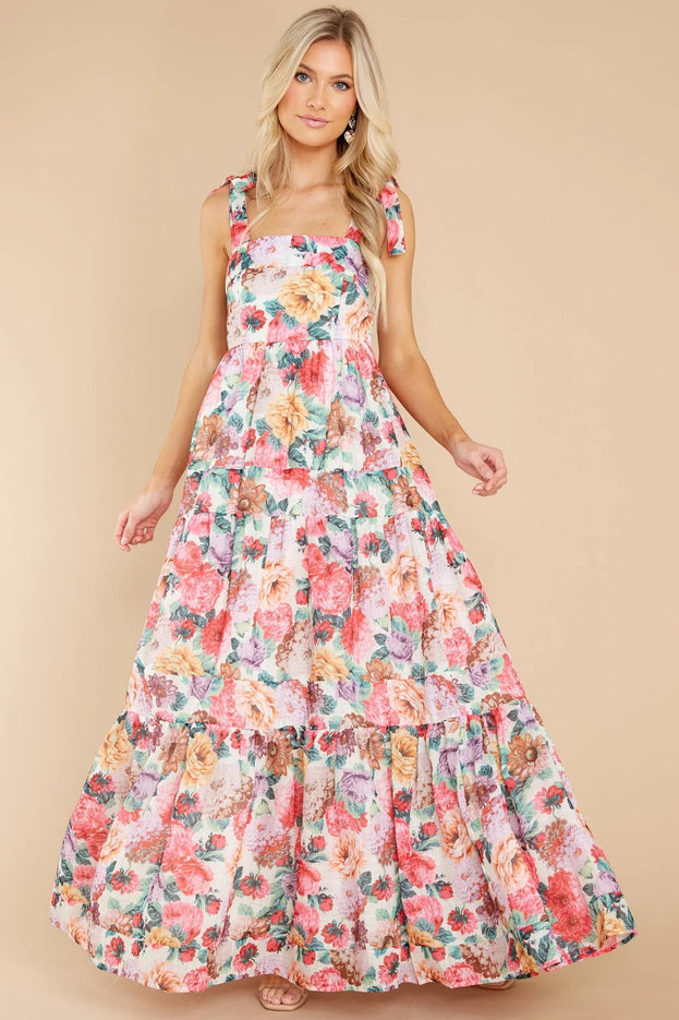 Summer Elegant Sweet Printed Waisted Long Slip Dress for Women