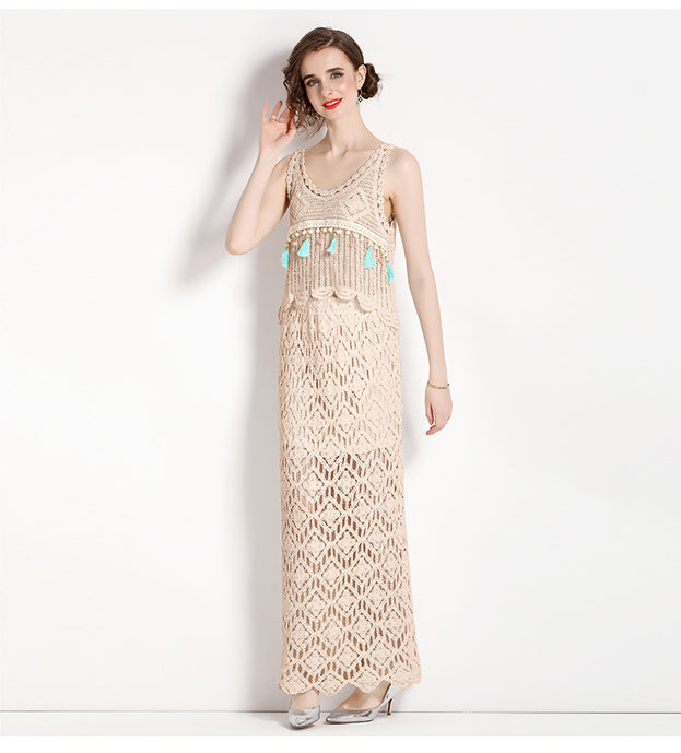 Resort Wind Hook Flower Embroidery Hollowed Out Vest Top and Long Half Skirt Two-Piece Set