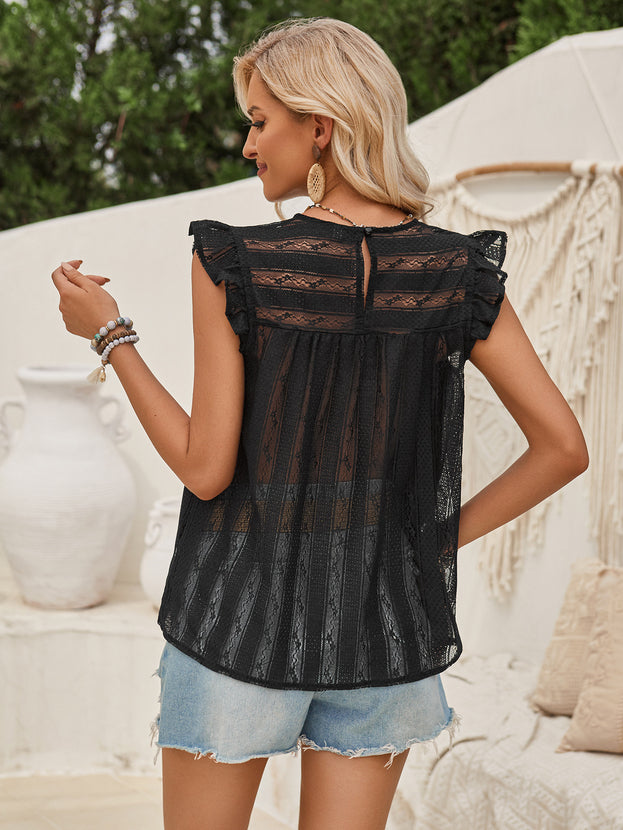 Summer Casual Round-Neck Lace Slim-Fitting Flutter Sleeve Top for Women