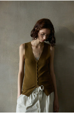 Wool Blend Button Stylish Commuter Patchwork Knitted Women's Top