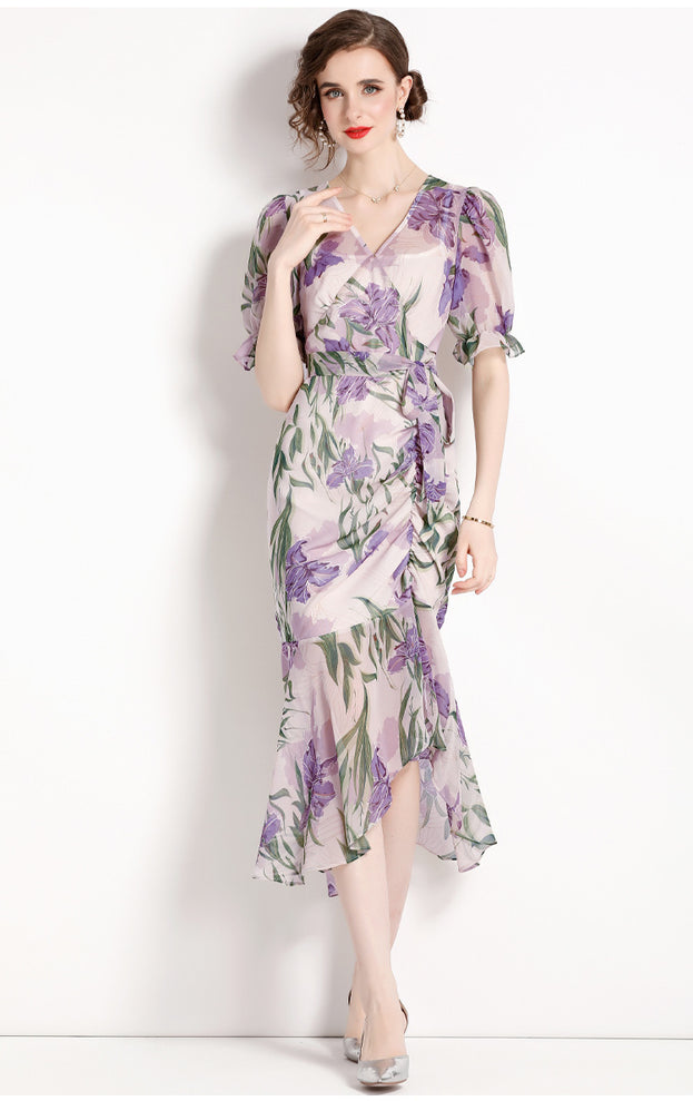 Printed Chiffon Fold Waist Slimming Lantern Sleeve Dress Long Skirt