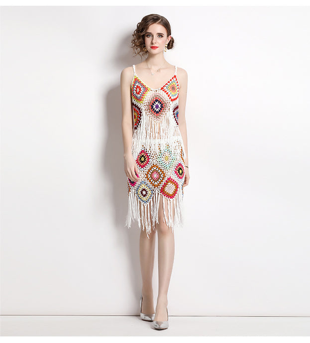 Embroidery Tassel Knitted Hook Flower Suit Female Suspender Top and Sexy Short Skirt Two-Piece Set