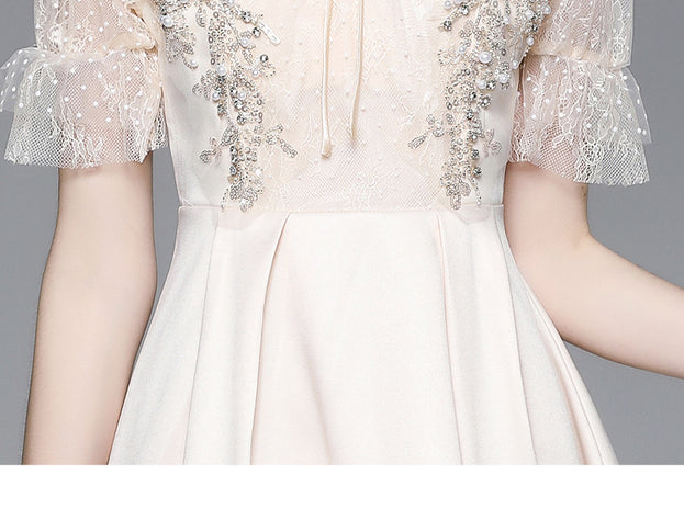 Beaded Stitching Lace High Waist Slim Temperament Slim Short Skirt Dress