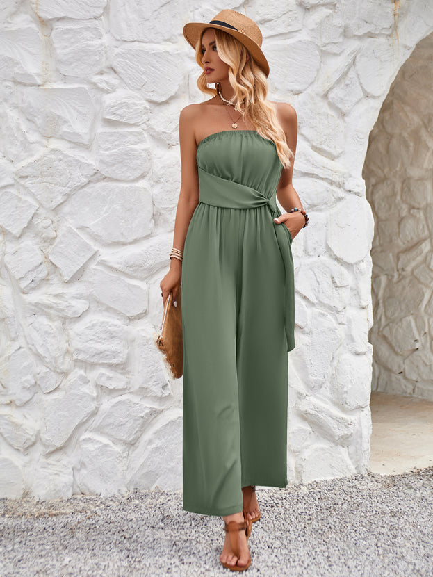 Summer Fashion Casual Waist-Tie Straight Strapless Jumpsuit for Women