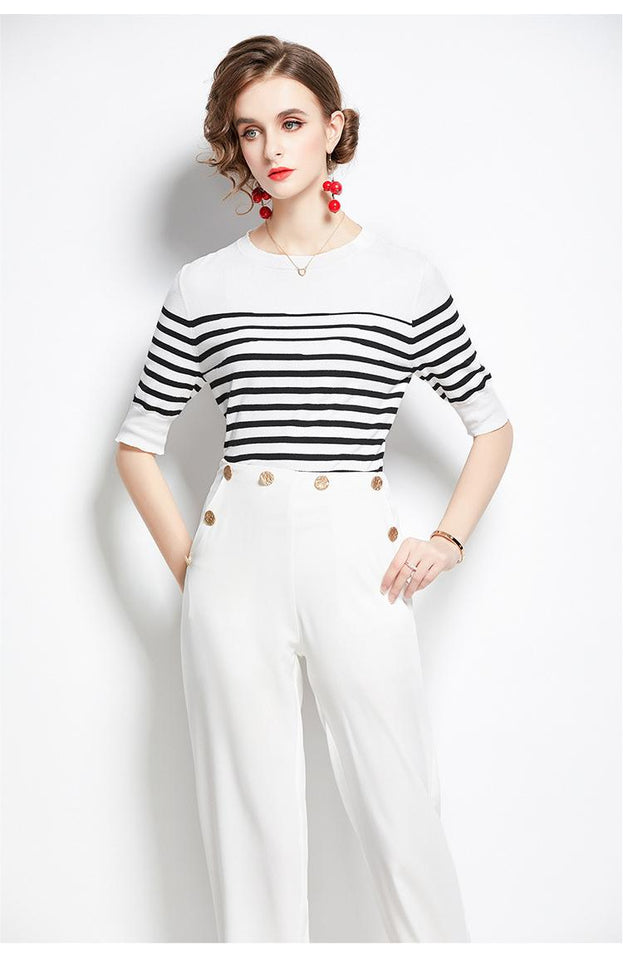 Striped Crew Neck Sweater Top and Solid White Pant Two-Piece Set