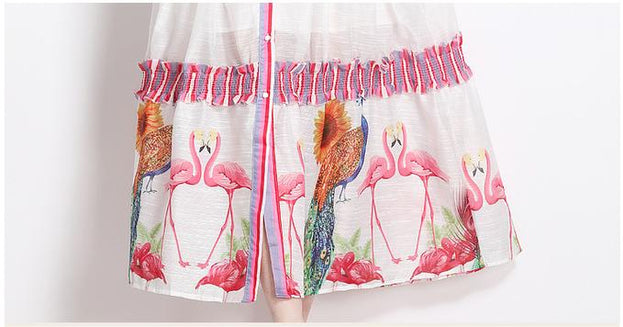 Resort Style Print Long Skirt Retro Fashion Sweet Lantern Sleeve Color Bump Stand Collar Dress